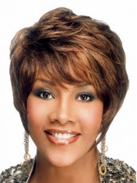 Brown Short Wavy Capless Human Hair Wigs With Bangs 8 Inches