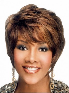 Brown Short Wavy Capless Human Hair Wigs With Bang...