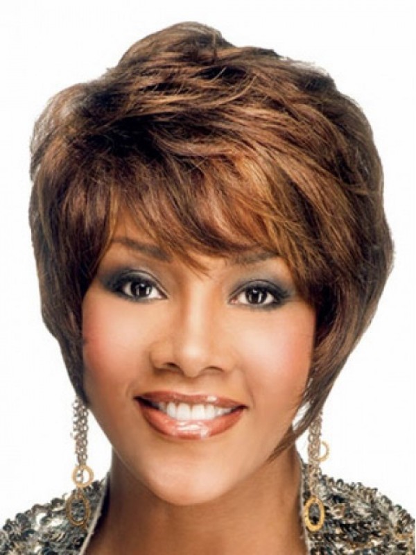 Brown Short Wavy Capless Human Hair Wigs With Bangs 8 Inches