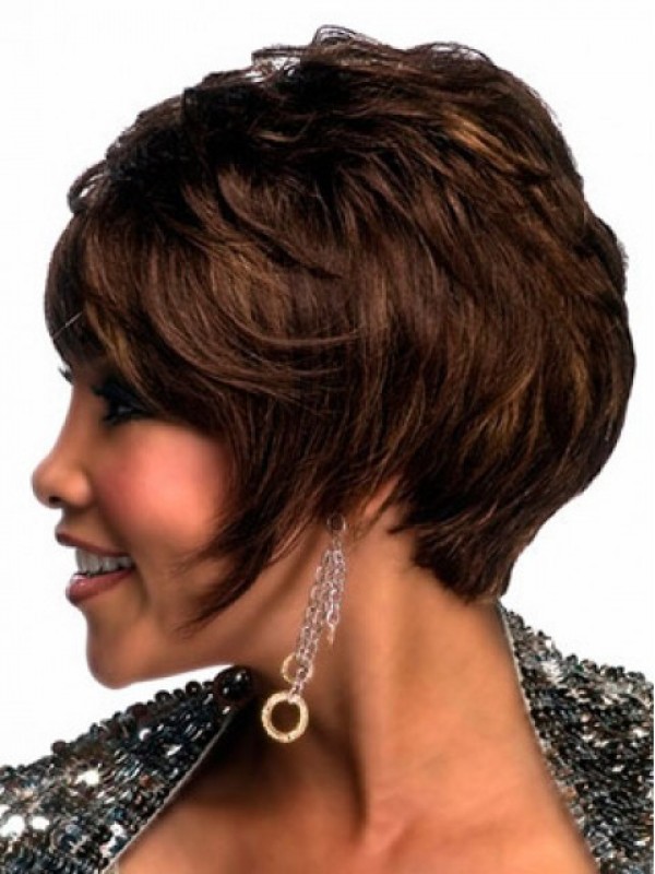 Brown Short Wavy Capless Human Hair Wigs With Bangs 8 Inches