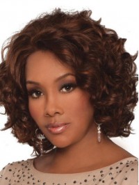 Brown Medium Curly Lace Front Human Hair Wig Without Bangs 14 Inches