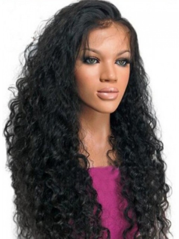 Black Long Curly Full Lace Human Hair Wigs With Baby Hair 24 Inches