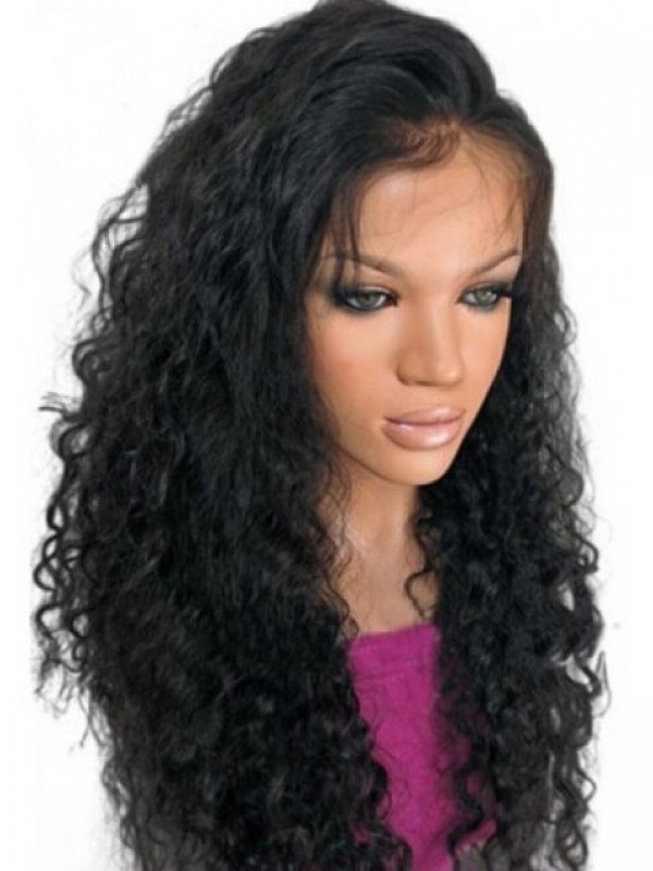 Black Long Curly Full Lace Human Hair Wigs With Baby Hair 24 Inches