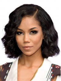 Medium Bob Style Wavy Capless Human Hair Wigs With Side Bangs 12 Inches