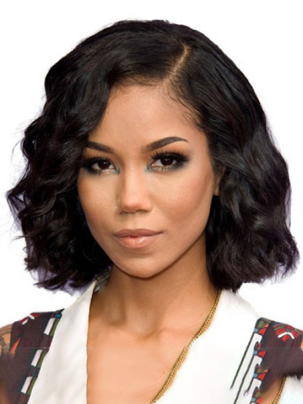 Medium Bob Style Wavy Capless Human Hair Wigs With Side Bangs 12 Inches