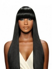 Black Straight Capless Long Human Hair Wig With Bangs 24 Inches