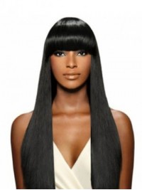 Black Straight Capless Long Human Hair Wig With Bangs 24 Inches