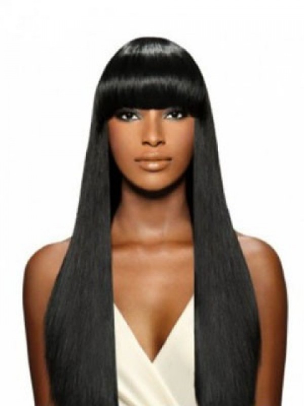 Black Straight Capless Long Human Hair Wig With Bangs 24 Inches