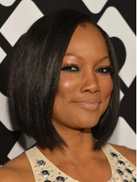Garcelle Beauvais Black Short Straight Bob Style Lace Front Synthetic Wigs With Side Bangs 10 Inches