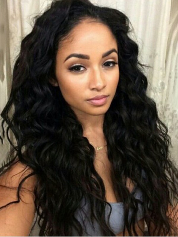 Black Long Curly Full Lace Human Hair Wigs With Baby Hairs 24 Inches