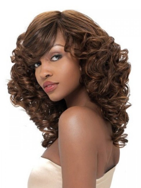 Long Wavy Afro-Hair Lace Front Synthetic Wigs With Side Bangs 16 Inches
