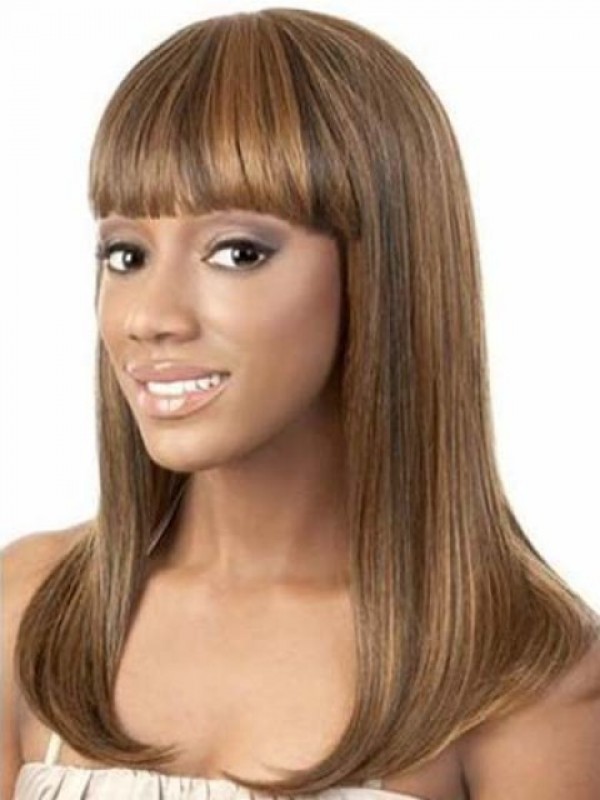 African American Long Straight Capless Human Hair With Bangs 18 Inches