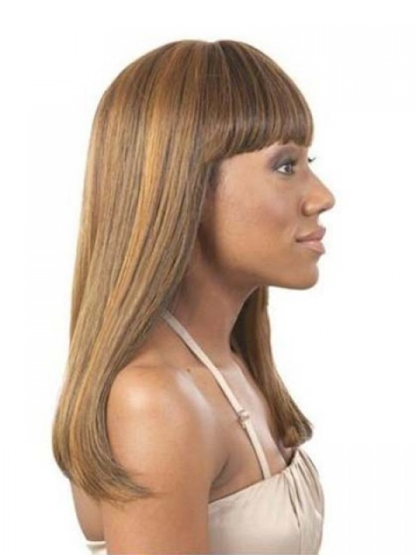 African American Long Straight Capless Human Hair With Bangs 18 Inches