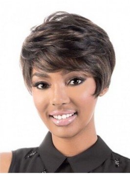 Capless Wavy Short Brown Synthetic Wigs With Bangs...