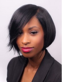 Black Short Straight Bob Style Lace Front Remy Human Wig With Side Bangs 10 Inches