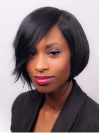 Black Short Straight Bob Style Lace Front Remy Human Wig With Side Bangs 10 Inches