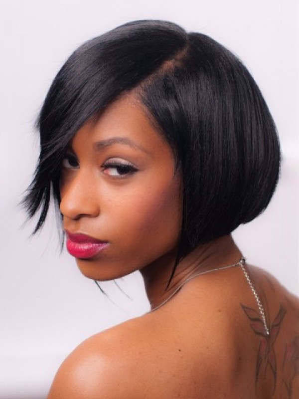 Black Short Straight Bob Style Lace Front Remy Human Wig With Side Bangs 10 Inches