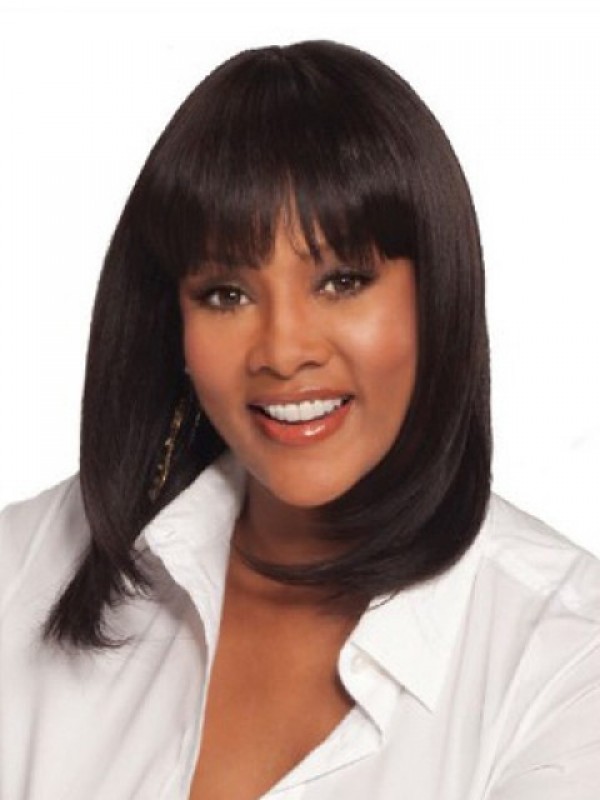 Medium Straight Capless Human Hair Wigs With Bangs 14 Inches