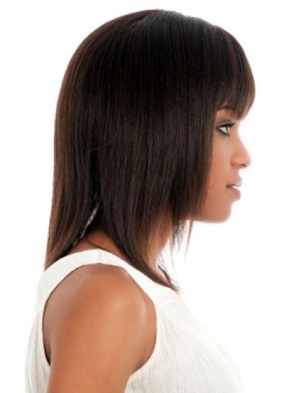 Medium Straight Capless Human Hair Wigs With Bangs 14 Inches