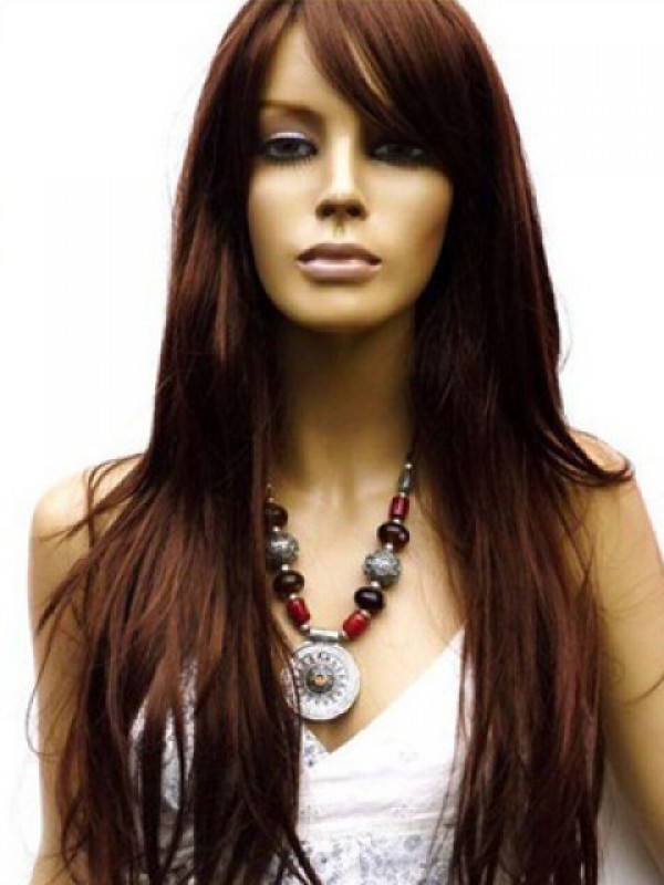 Long Straight Lace Front Human Hair Wigs With Side Bangs 26 Inches