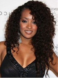 Afro-Hair Long Curly Full Lace Human Hair Wigs With Side Bangs 16 Inches