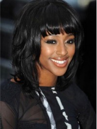 Layered Short Black Wavy Capless Synthetic Wigs With Bangs 12 Inches