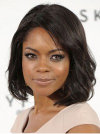 Naomie Harris Medium Wavy Capless Synthetic Wigs With Side Bangs 12 Inches