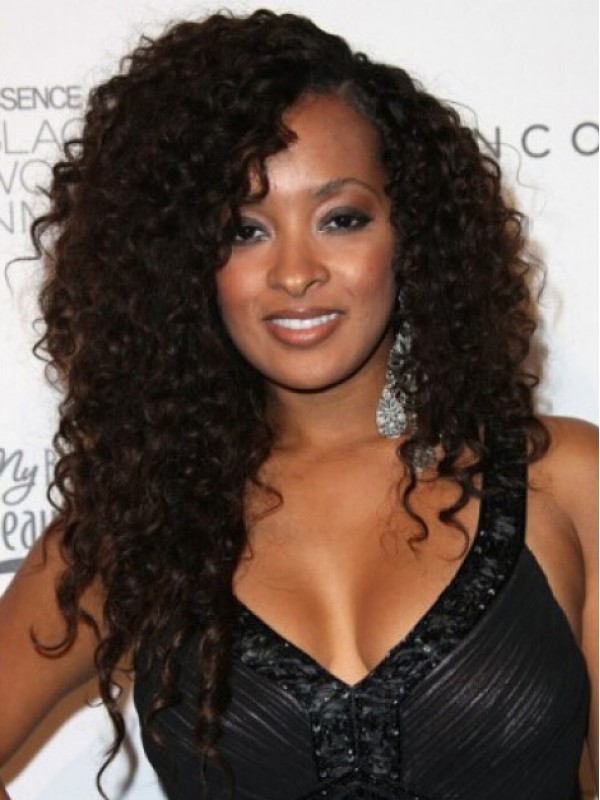 Afro-Hair Black Long Curly Full Lace Human Hair Wigs With Side Bangs 22 Inches