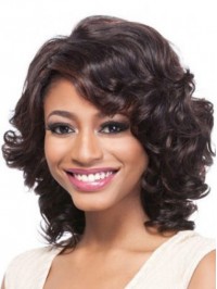 Medium Wavy Capless Synthetic Wig With Side Bangs 14 Inches