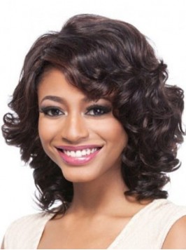 Medium Wavy Capless Synthetic Wig With Side Bangs ...