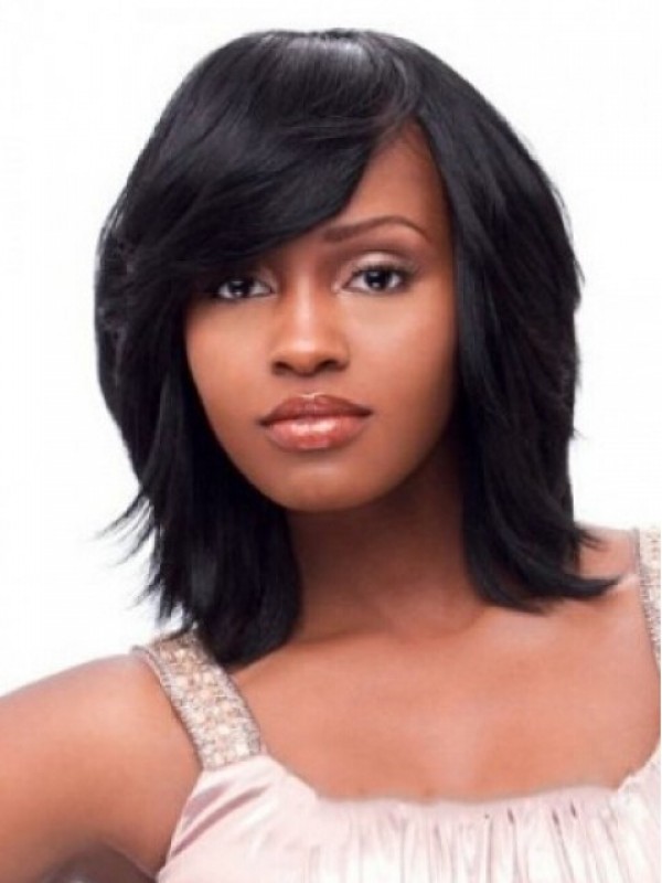 Short Straight Black Capless Synthetic Wigs With Bangs 12 Inches