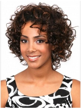 Brown Curly Chin Length Human Hair Wigs & Half...