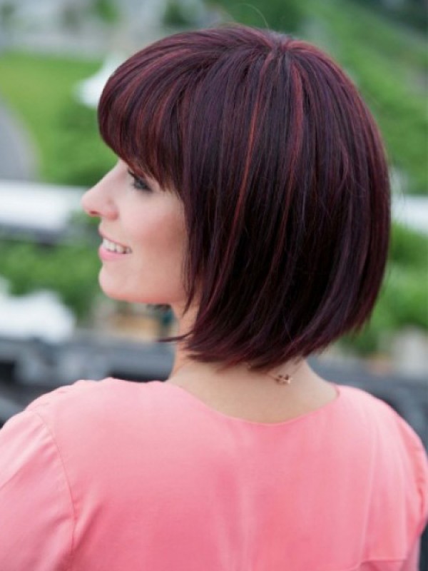 Claret Short Straight Bob Style Capless Synthetic Wigs With Bangs