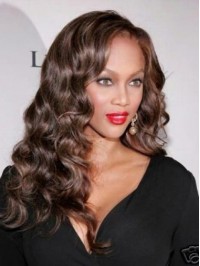 Brown Long Curly Synthetic Lace Front Wigs With Side Bangs