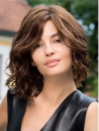 Brown Medium Wavy Capless Synthetic Wigs With Side Bangs