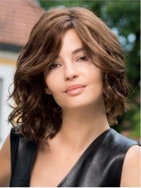 Brown Medium Wavy Capless Synthetic Wigs With Side Bangs