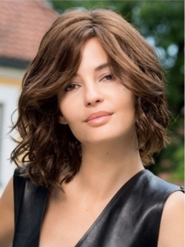 Brown Medium Wavy Capless Synthetic Wigs With Side Bangs