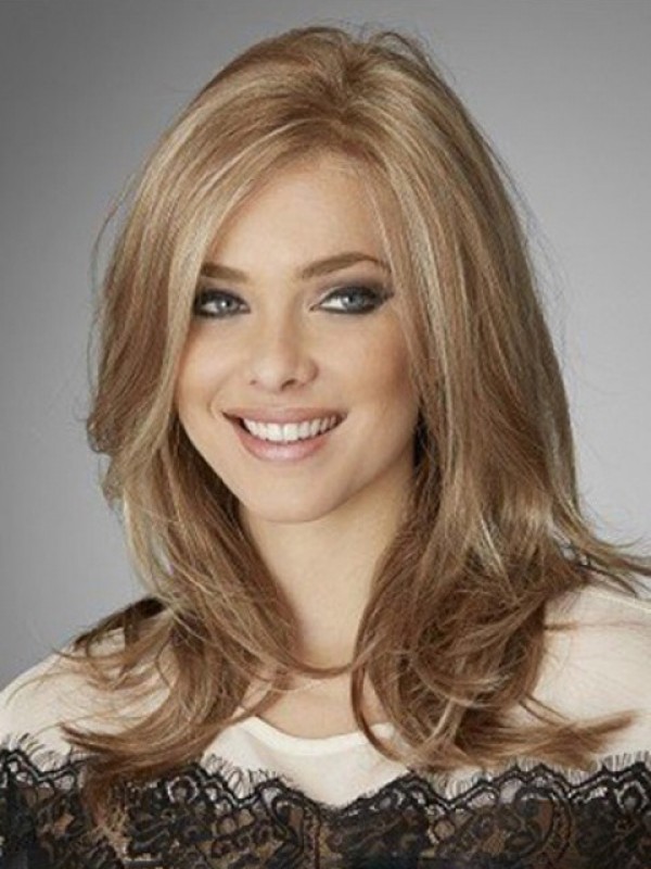 Blonde Long Straight Lace Front Wavy Human Hair Wigs With Side Bangs