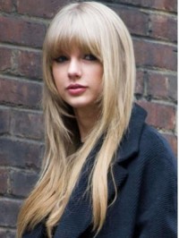 Blonde Layered Long Straight Capless Human Hair Wigs With Bangs