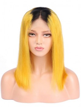 Yellow Long Straight Ombre Wig With Dark Root