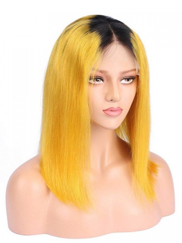 Yellow Long Straight Ombre Wig With Dark Root