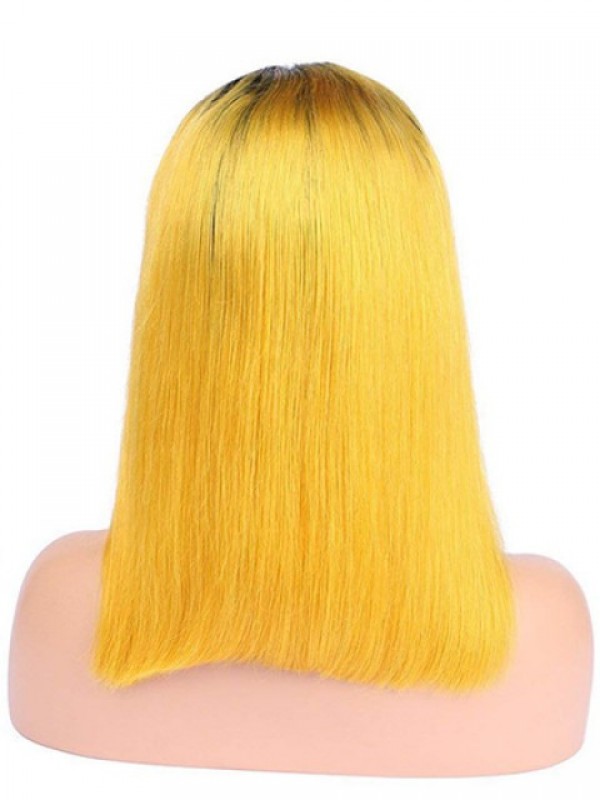 Yellow Long Straight Ombre Wig With Dark Root