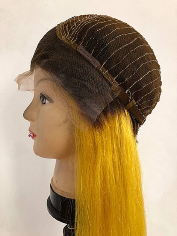 Yellow Long Straight Ombre Wig With Dark Root