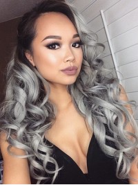 Long Grey Wavy Lace Front Human Wigs With Dark Root