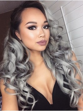 Long Grey Wavy Lace Front Human Wigs With Dark Roo...