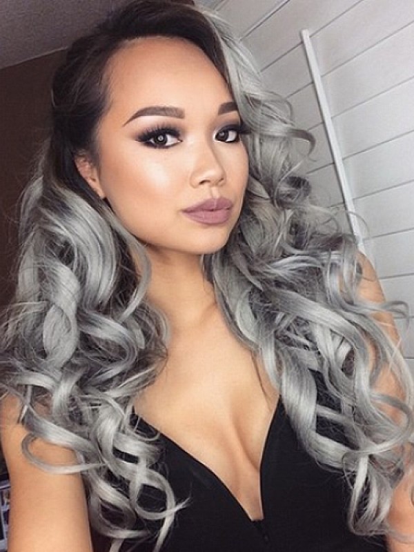 Long Grey Wavy Lace Front Human Wigs With Dark Root