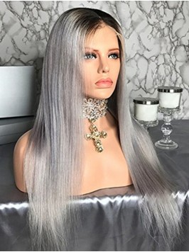 Ombre Long Grey Straight Lace Front Human Wigs