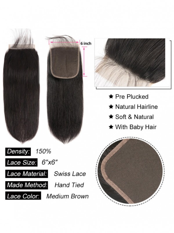 Straight Wavy Hair 6x6 Closure Human Hair Straight Hair Closure