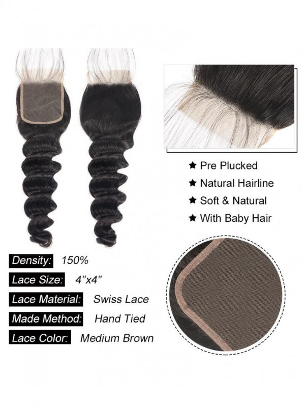 Brazilian Human Hair Loose Deep Wave 4x4 Lace Closure 1pc