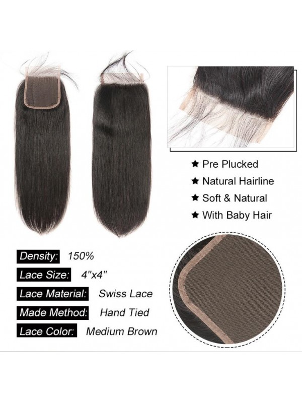 Brazilian Straight Human Hair 4x4 Lace Closure 1pc